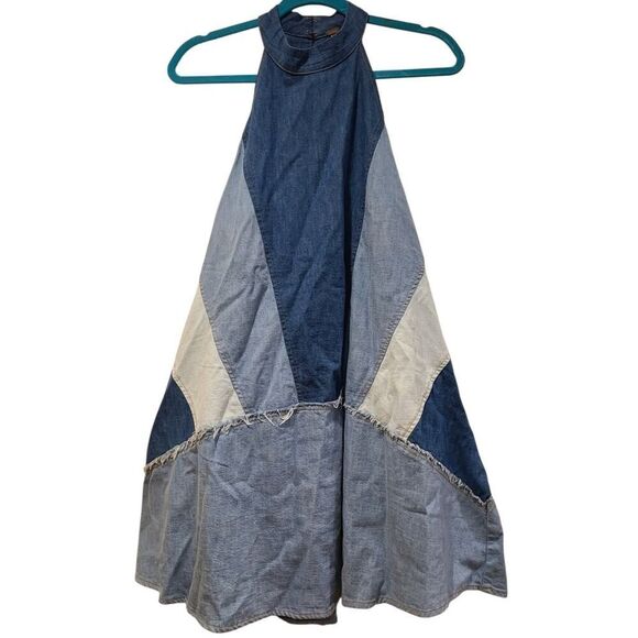 Free People Rising Sun Mini Denim Patched Halter Contrast Exposed Back | M EUC - Picture 3 of 12